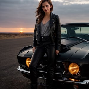 portrait photo of Emma Watson , weather leather jacket and black jeans, sunset ambience, standing near a black Mustang car, cute smile, highly detailed, perfect lips, perfect eyes, perfect hands, looking at camera,  volumetric lighting, bokeh, shot on Nikon, 4K, RAW