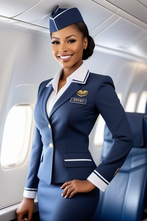 ultra realistic pretty black female flight attendant with a sexy shape and tight uniform on a detailed airplane to paris,pretty teethy smile