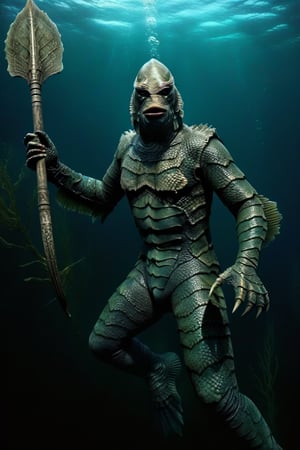 realistic gill-man swimming deep underwater with a spear,dark murky waters,8k resolution,full body scale image