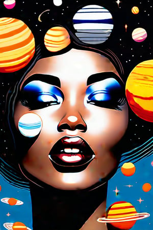 chris foss style oil painting,the face of an extremely pretty black female with her mouth slightly open showing pretty white teeth,cosmic stars are layered over her face and multiple planets surround her head,sensual look in her eyes,perfect composition,