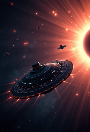 8k resolution extremelyrealistic high tech ufo mothership fleet flying in realistic black hole vortex,8k resolution,sharp focus,