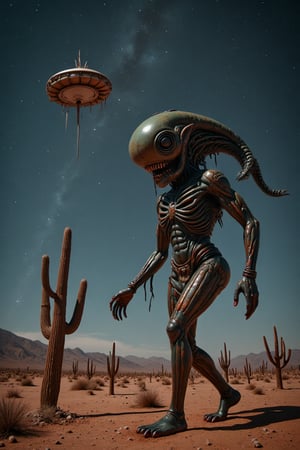 8k resolution ultrarealistic humungus alien walking the  middle of the desert, extremely realistic ufo craft near,night skies filled with bright stars ,rusted metel look,fulll body scale