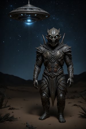 8k resolution ultrarealistic humungus alien walking the  middle of the desert, extremely realistic ufo craft near,night skies filled with bright stars ,rusted metel look,fulll body scale