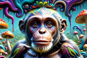 ultrarealistic chimpanzee on drugs high on magic mushroom planet full of magic mushrooms,many trippy colors,ultradetailed mandelbrot set,ultra psychaldelic effect,mushroom dripping effect,extremely vivid colors,magical aura,colorful swirls