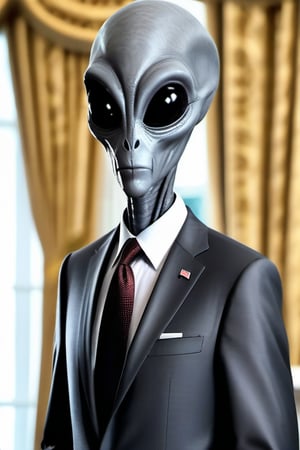 extremly realistic grey alien president standing inside white house wearing a gray suit ,REALISTIC,high_resolution