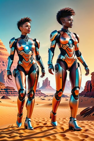 8k resolution extremely realistic three female robots superheros walking on uranus ,extremely pretty glowing black skin,robotic spacesuit,very short hair,extremely pretty faces,thigh gap and cameltoe