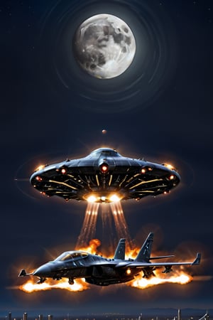 extreme realistic  carbon fiber ufo mothership flying over an extreme realistic miltary shiloh jet in the sky at night,high quality,cybernetics,realistic moon