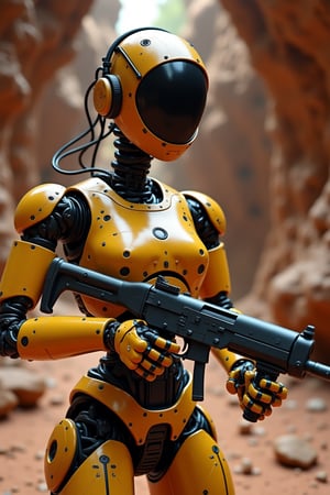 4k resolution ultrarealistic beautiful and pretty ethiopian female ai robot holding a gun while exploring the shenandoah caverns