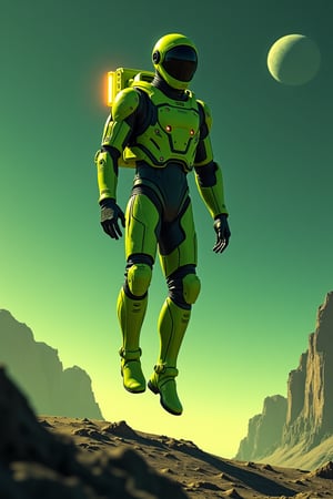  8k resolution very tall  black male hero levitating in the air across the extremelyrealistic saturn surface ,robotic neon green outfit,extremely muscular,full body scale,show legs and feet,ultrarealistic high tech unique mask and helmet,night timeultrarealistic high tech jetpack with fire thrust on back,ultrarealistic laser weapon in hand.bullet holes in outfit,night time,