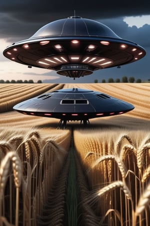 8k photo realistic sheet black alien material ufo starship landed in the midst of a photo realistic wheat field at in the evening,realistic,night,8k resolution,sci fi theme,detailed lights,nighttime,detailed full moon,supreme quality,evening time very dark