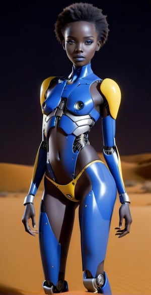 female,black skin,robotic blue yellow gray suit,natural afo,1080p south sudanese skin tone and facial features,sexy legs,thigh gap,glossy lips,very beautiful hands,detailed pretty fingers,in a desert in sudan at night with wind blowing,robotic boots,thigh gap,cute cameltoe,extremely sexy body