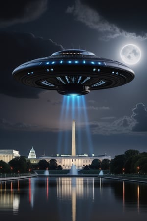 8k photo realistic sheet black alien material ufo starship flying over washington dc in the evening,realistic,night,8k resolution,sci fi theme,detailed lights,nighttime,detailed full moon,supreme quality,evening time very dark