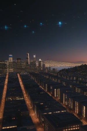 8k ultra realistic glowing Ufo orb colony glowing like atoms flying above a ultra realistic san francisc at night,8k resolution