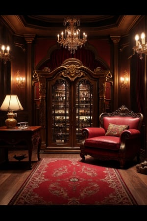 8k resolution ultrarealistic inside an extravagant cigar room and wine cellar inside a 5 story luxurious victorian house,leather chair