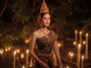 best quality, realistic, ultra highres, excellent quality, masterpiece, 8k HDR, POV, thai dress, full body of beautiful woman standing in a cave with surrounded with candle lights