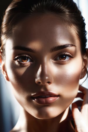 Generate hyper realistic image of a beauty portrait where shadows play a crucial role in sculpting the woman's features. Experiment with dramatic lighting to create intriguing shadows that highlight the contours of her face.