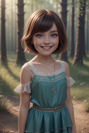 best quality, masterpiece, beautiful and aesthetic, vibrant color, Exquisite details and textures,  Warm tone, ultra realistic illustration,	(cute European girl, 6year old:1.5),	(Forest theme:1.4),	cute eyes, big eyes,	(a beautiful smile:1.5),	16K, (HDR:1.4), high contrast, bokeh:1.2, lens flare,	siena natural ratio, children's body, anime style, 	half body view,	long length layered bob cut,	a cute silk dress,	ultra hd, realistic, vivid colors, highly detailed, UHD drawing, perfect composition, beautiful detailed intricate insanely detailed octane render trending on artstation, 8k artistic photography, photorealistic concept art, soft natural volumetric cinematic perfect light. ,REALISTIC