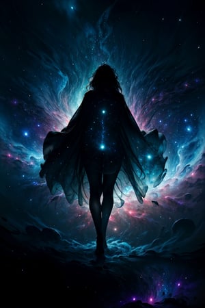 (view from above),masterpiece, best quality, ultra high res, (abstract art:1.3), (dark theme:1.2), art, stylized, deep shadow, dark theme, 1girl, cosmic dress,nebula expanding from the dress, cosmic beauty, in space, nebula,EpicSky,hourglass body shape,	 SILHOUETTE LIGHT PARTICLES