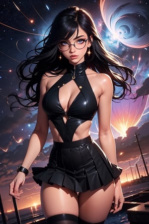 ((masterpiece)), (((best quality))), ((ultra-detailed)), ((illustration)), ((disheveled hair)),  beautiful detailed eyes,  beautiful 25 year old woman, brown eyes, she has a body of a fitness model, (large breasts), black hair, {red glasses}, hair between eyes, bangs, sexy look, hourglass body shape, slim waist, thick thighs,  dynamic angle,  dark magician girl, (black kneehighs:1.1), (starry tornado:1.4),  starry Nebula,  ((frills)),  beautiful detailed sky,  beautiful detailed eyes, evil smile,  expressionless, hairs between eyes, pleated skirt, ((disreveled hair))