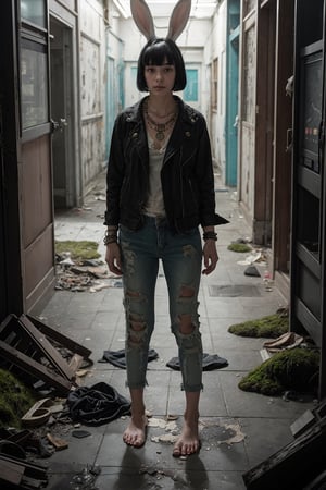 A girl with rabbit ears, black hair (short + bangs), white skin, torn clothes, with holes, dirty, shabby, stained, wearing ripped, holey, black pants, barefoot, wearing jewelry bracelets, a plastic necklace, scenery and abandoned arcade, with moss, cobwebs, dirty, worn floor as well as walls, little indirect linear lighting.,REALISTIC