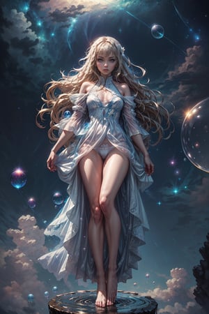 best quality,masterpiece,illustration,super detailed,High detail RAW photo,professional photograph,ultra-detailed,8k wallpaper,extremely detailed CG,official art,
solo, 1girl, long hair, blonde_hair,transparent hair, blue eyes, pale skin, white dress, transparent dress, white underwear,barefoot, floating, bubble, dark blue background,Hair with scenery, starry sky,dynamic pose,