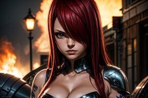  1girl, solo, Erza_FT, brown eyes, hair over one eye, ((Erza Scarlet)), armored, tattoo, fairy tail tattoo, curvy_figure, perfect eyes, masterpiece, best quality, 4K, HDR, cinematic lighting, Erza_FT