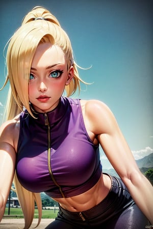 1girl,  blonde hair, ponytail, ((aqua eyes)),  purple crop top, black leggins, thighhihs, ((detailed face and eyes)),  perfect eyes,  intrincate details,  masterpiece,  best quality,  4K,  HDR, cinematiclighting, naruto shippuden art style
