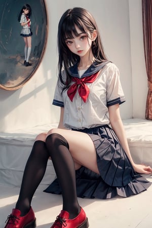 A cute school girl, long bangs, short black hair, wearing school clothes, white blouse with short sleeves with red lines, blue ruffled skirt, over-the-knee socks polished black shoes, serious and oval face, long eyelashes, honey brown eyes.