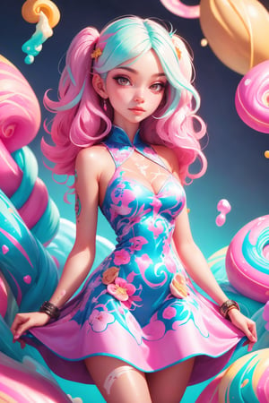 beautiful kawaii naughty girl, hyper detailed, cotton candy curly hair, candy freckles, bright makeup, holographic transparent candy dress, close-up portrait, highly detailed illustration, candyland character design, surrounded by swirls of ice cream and cream butter Pale pastel colors, bubblegum bubbles, gradient background. the candy girl,3D MODEL