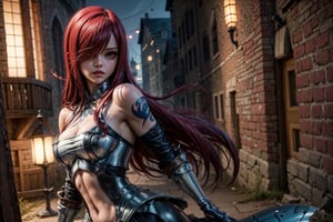  1girl, solo, Erza_FT, brown eyes, hair over one eye, ((Erza Scarlet)), armored, tattoo, fairy tail tattoo, curvy_figure, perfect eyes, masterpiece, best quality, 4K, HDR, cinematic lighting, Erza_FT