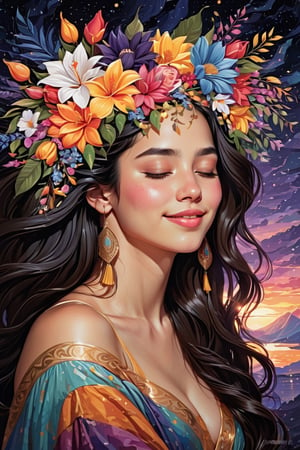 (masterpiece, best quality, ultra-detailed, 8K),high detail, realisitc detailed,
a beautiful young woman with long flowy black hair over off shoulders in the dark, wreath, brown eyes, gently closed eyes, pale soft skin, kind smile, glossy lips, details of colorful flowers,realistic detailed dress,
a serene and contemplative mood, dark night sky background