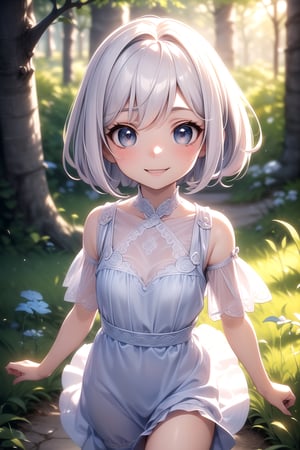 best quality, masterpiece, beautiful and aesthetic, vibrant color, Exquisite details and textures,  Warm tone, ultra realistic illustration,	(cute European girl, 6year old:1.5),	(Forest theme:1.4),	cute eyes, big eyes,	(a beautiful smile:1.5),	16K, (HDR:1.4), high contrast, bokeh:1.2, lens flare,	siena natural ratio, children's body, anime style, 	half body view,	long length layered bob cut,	a cute silk dress,	ultra hd, realistic, vivid colors, highly detailed, UHD drawing, perfect composition, beautiful detailed intricate insanely detailed octane render trending on artstation, 8k artistic photography, photorealistic concept art, soft natural volumetric cinematic perfect light. 