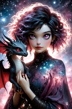 red cartoon character. Vampy is a (((13 years))) old and is a vampire girl. She has ((((short black hair, bob haircut)))), and red eyes. (pink skin), She is gothic, modern dark costume.

{{best quality}}, {{masterpiece}}, {{ultra detailed}}, {illustration}, {light detailed}, {an extremely delicate and beautiful}, Vampy holding a cute little dragon, a realistic little dragon, {beautiful detailed eyes}, stars in eyes, messy floating hair, colored inner hair, starry sky adorns hair, depth of field, detailed eyes, PetDragon2024xl, niji style, perfectly posed, meticulously composed.
​​All styles of artists Dan Mumford, Andy Kehoe and Luis Royo, featuring a double exposure effect on the texture of cracked paper, and vibrant colors