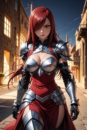  1girl, Erza_FT, brown eyes, hair over one eye, ((Erza Scarlet)), armored, curvy_figure, perfect eyes, masterpiece, best quality, 4K, HDR, cinematiclighting