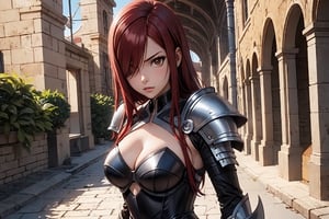  1girl, Erza_FT, brown eyes, hair over one eye, ((Erza Scarlet)), armored, curvy_figure, perfect eyes, masterpiece, best quality, 4K, HDR, cinematiclighting