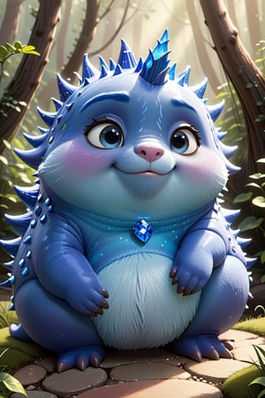 "Create an artwork depicting a round, shimmering blue creature exuding a serene and magical presence. Imagine a body covered in smooth, glossy blue fur reminiscent of flowing water. Add scattered spiky protrusions in a lighter shade of blue, resembling elegant thorns or crystals that reflect light in a magical way.

Portray this creature with large, deep blue eyes radiating calm wisdom and a profound connection with nature. Its facial expression should convey gentleness, love, and feature delicate, friendly attributes.

Despite its spiky appearance, this creature exudes a calming presence defined by wisdom and kindness. Your artwork should capture its serene aura, showcasing its ability to offer solace and create a harmonious atmosphere through your artistic interpretation.",disney pixar style