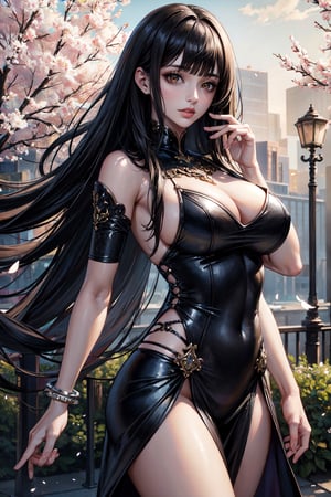 (masterpiece, top quality, best quality, official art, beautiful and aesthetic:1.2), hdr, high contrast, wideshot, 1girl, long straight black hair with blunt bangs, cheering to viewer, clearly brown eyes, longfade eyebrow, soft make up, ombre lips, hourglass body, large breast, (spring theme:1.5), finger detailed, background detailed, ambient lighting, extreme detailed, cinematic shot, realistic ilustration, (soothing tones:1.3), (hyperdetailed:1.2)