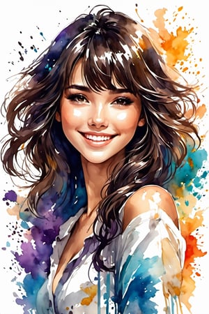 ink art, a beautiful brunette hair girl, anime style, long hear, smiling with style, dynamic poses, ultra colorfull, white background, details, clean, masterpiece,