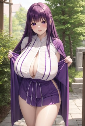 rounded boobs, big boobs, huge boobs, high resolution, 1girl, looking at camera, thick thighs, thin waist, standing, smile, happy, blush, (mature woman), purple hair, (long hair), bangs, purple eyes, fern,miko dressing