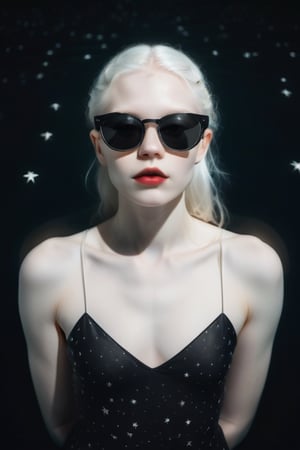 Young very pale albino woman with dark sunglasses reflecting the stars Top view of her swimming in a dark lake only lit by the pale moon 