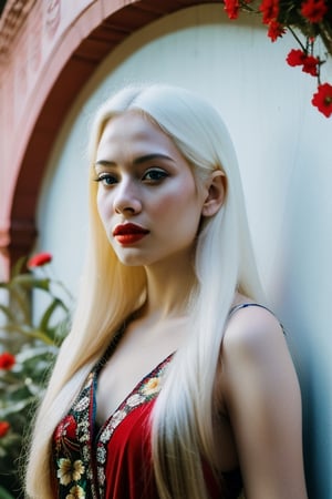 A beautiful albino woman with long white hair, blue eyes, wearing a red dress, standing in front of a wall with flowers and birds ((Intricate)), ((4K)), ((Enchanting)), ((Breathtaking)), ((Extraordinary)), ((Phenomenal)), Lusobrazilian Woman, Brazilian, Brazilian national, Capture, Image, Picture, Straight light, Primary light, Focused lighting, Good depth of field, Optimal aperture, Sharpness across the frame