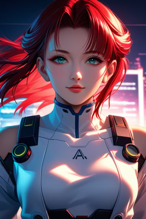 Anime girl with red hair piloting AE ship in a cyberpunk art style, neofigurative portrait, art deco outrun anime aesthetic, by Katsuya Terada, high detail, vibrant colors, dynamic lighting, futuristic setting, character design, 4k resolution