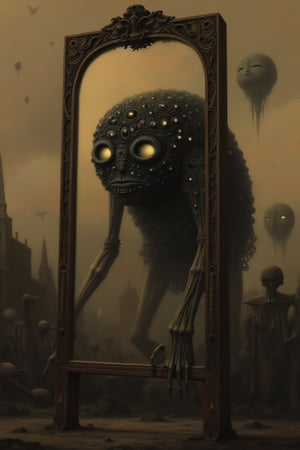 a surreal image of a grotesque humanoid creature with hundreds of eyes on its body crawling out of an antique mirror, antique mirror stands in a bizarre landscape with flying islands and absurd creatures, concept artwork by Hieronymus Bosch, Egon Schiele and Noddegamra, grey-brown colors, detailed surreal painting, trending on Midjourney, intricate shadows, splendid, masterpiece, stunning, splendid, masterpiece, 8k resolution 