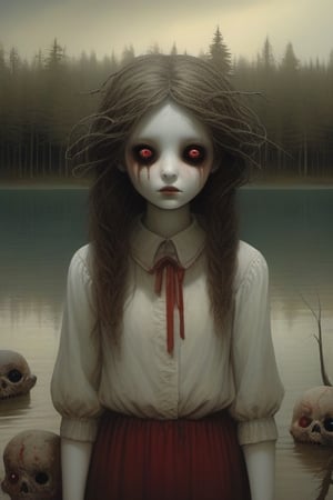 Girl with sunken face and white skin, disheveled brown hair, wearing worn and dirty dress, standing on beach of a lake. Behind her, twisted and corrupted forest with creepy toy dolls between trees, some damaged, evil smile, red eyes. Dark, eerie, detailed, atmospheric, fantasy horror art by Sam Wolfe Connelly, Zdzisław Beksiński, and Hajime Sorayama, realistic shading, cinematic lighting, 4k resolution, haunting composition.,more detail XL