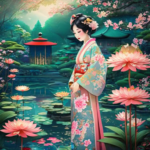 beautiful kawaii vintage japanese girl wearing a kimono in a magical enchanted surreal garden, perfect composition, 2D, 8K, intricate detail, masterpiece