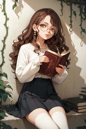 score_9,score_8_up,score_7_up, 1girl, long hair, brown hair, wavy hair, side braid, round glasses, white shirt, sleeves up, long black skirt, lips, holding a book, pearl pendant, sitting on wall, depth_of_field, vines, thigh_highs, side angle
,more detail XL,