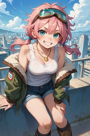 score_9, score_8_up, score_7_up, cinematic, 1girl, low_twintails, pink hair, messy hair, white tank top, denin shorts, socks, boots, goggles on head, band-aid on knee, bomber jacket, necklace, leaning_forward, cityscape, grin, cowboy shot,freckles