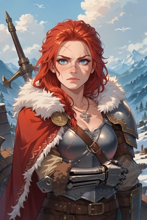 score_9,score_8_up,score_7_up, cinematic, 1girl,
red hair, blue eyes, viking, fur trim, blue gambeson, red cape, chest armor, scars, mechanical arm, silver_trim, necklace,  leather gloves