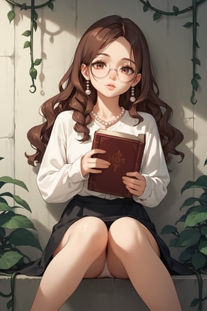 score_9,score_8_up,score_7_up, 1girl, long hair, brown hair, wavy hair, side braid, round glasses, white shirt, sleeves up, long black skirt, lips, holding a book, pearl pendant, sitting on wall, depth_of_field, vines, panty_hose, red knees,
,more detail XL,