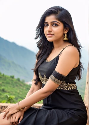 lovely cute young attractive indian teenage girl in a sexy dress ,wearing black color sandle, mountain area, looking right hand side, 23 years old, cute, an Instagram model, long black blonde_hair, black hair ,Indian, ,Woman,Indian Traditional